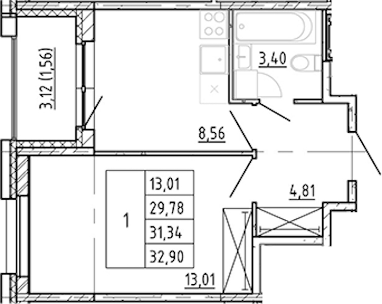 1-комнатная квартира 29.78 м², 6/12 эт., ЖК «Полис Новоселье»